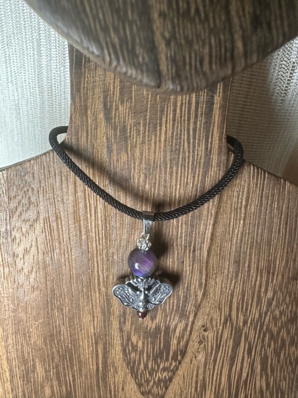 Silver Moth Charm Pendant Necklace with Garnet and Mystic Tiger’s Eye on Rope - Picture 8 of 12